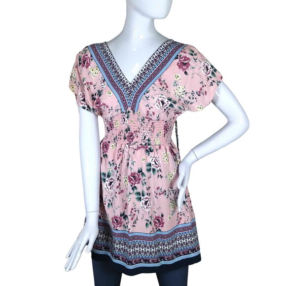 Bebop Pink / Blue Floral Size Small V Neck Mini Dress Tie on Back Elastic Waist - Picture 1 of 8